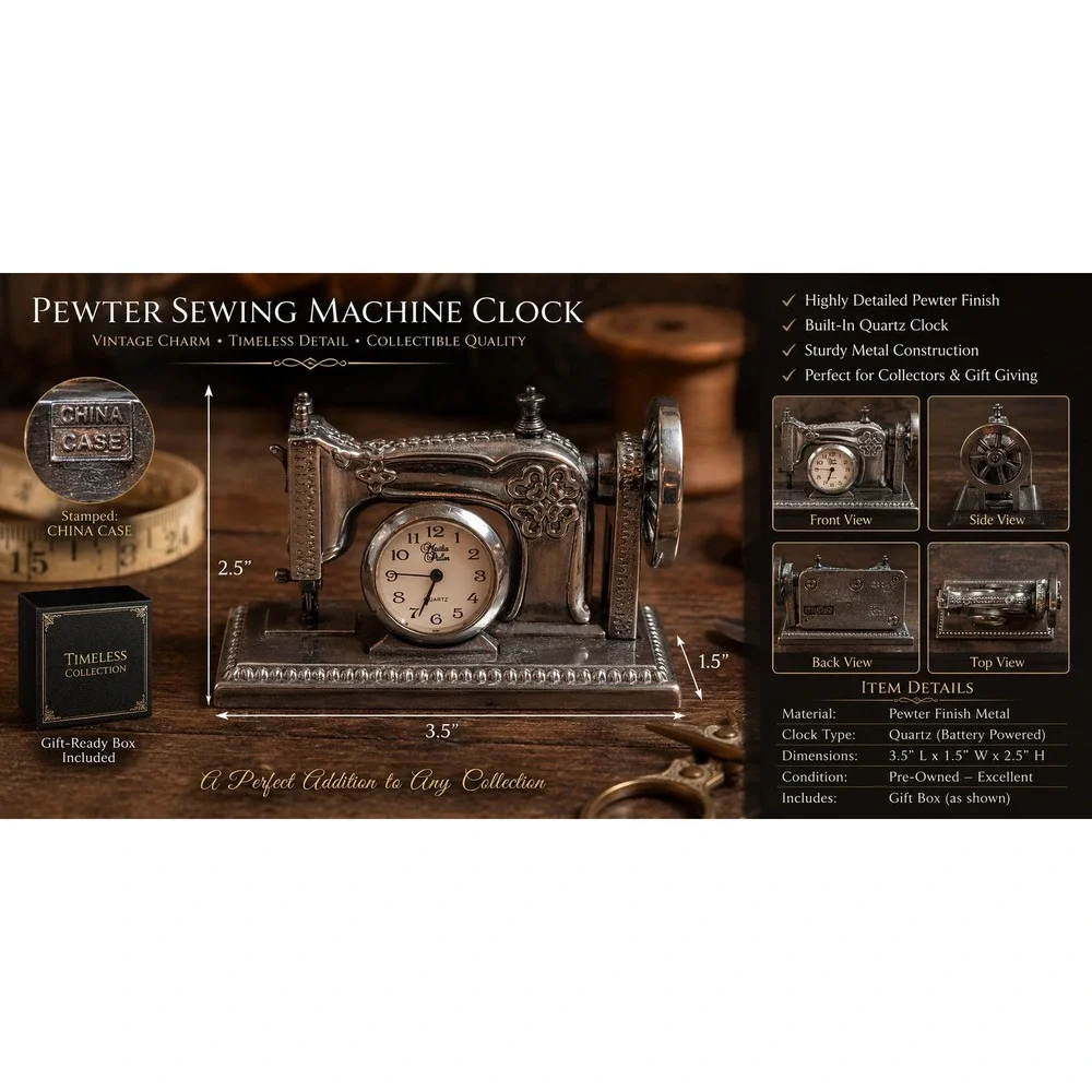 Martha Pullen Vintage Style Sewing Machine Clock Miniature Collectible